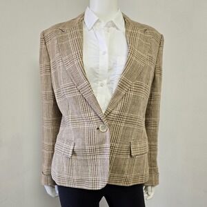 Lauren Ralph Lauren LRL Blazer Jacket Glen Plaid Tweed Size 14 Linen Flip Cuff